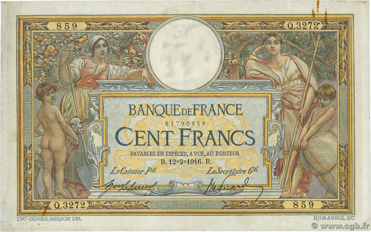 100 Francs LUC OLIVIER MERSON sans LOM FRANCIA  1916 F.23.08 MB