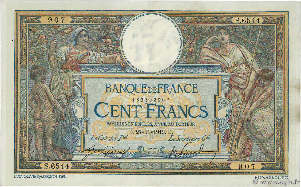 100 Francs LUC OLIVIER MERSON sans LOM FRANCE  1919 F.23.11 TTB