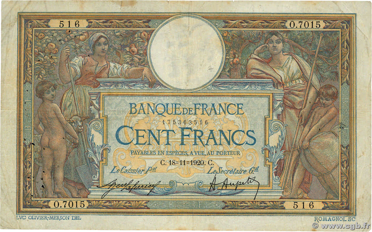 100 Francs LUC OLIVIER MERSON sans LOM FRANCIA  1920 F.23.13 q.MB