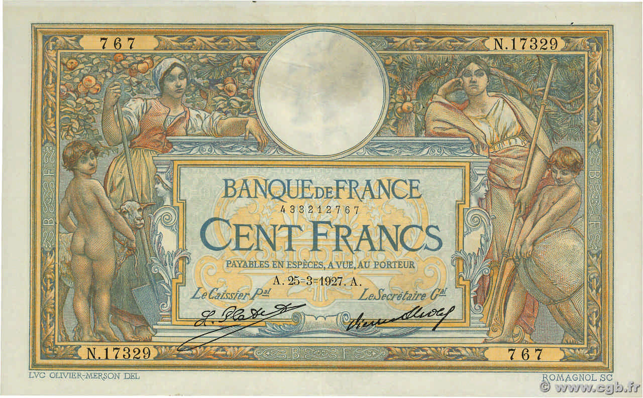 100 Francs LUC OLIVIER MERSON grands cartouches FRANCIA  1927 F.24.06 q.SPL