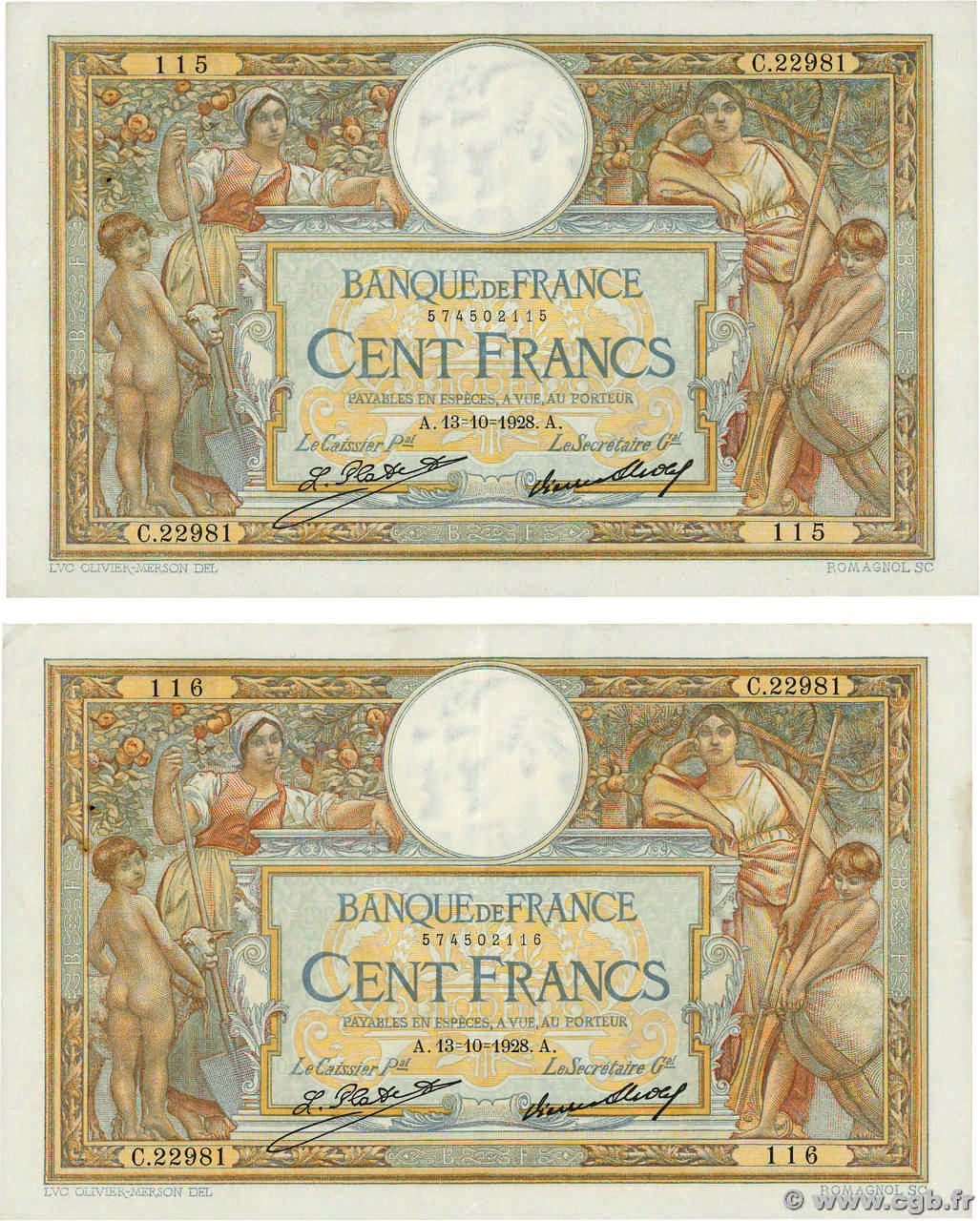 100 Francs LUC OLIVIER MERSON grands cartouches Consécutifs FRANCIA  1928 F.24.07 BB