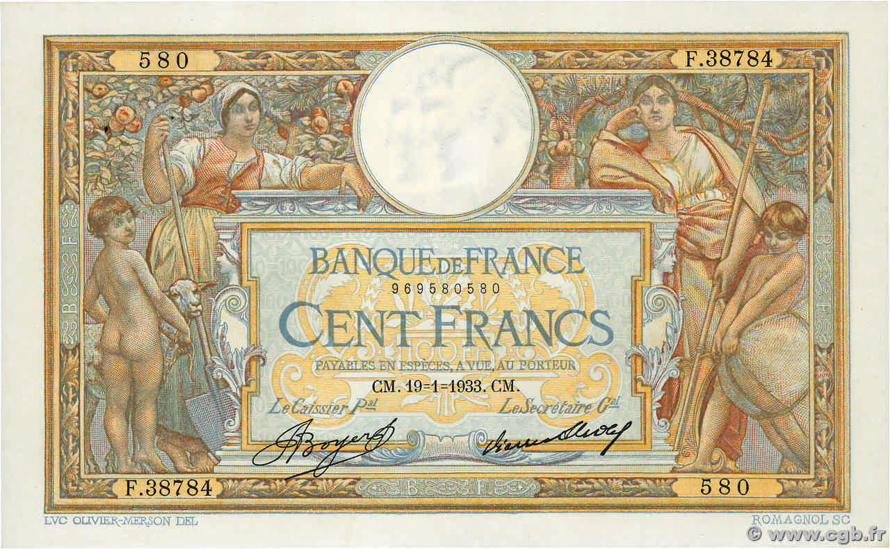 100 Francs LUC OLIVIER MERSON grands cartouches FRANCIA  1933 F.24.12 q.SPL