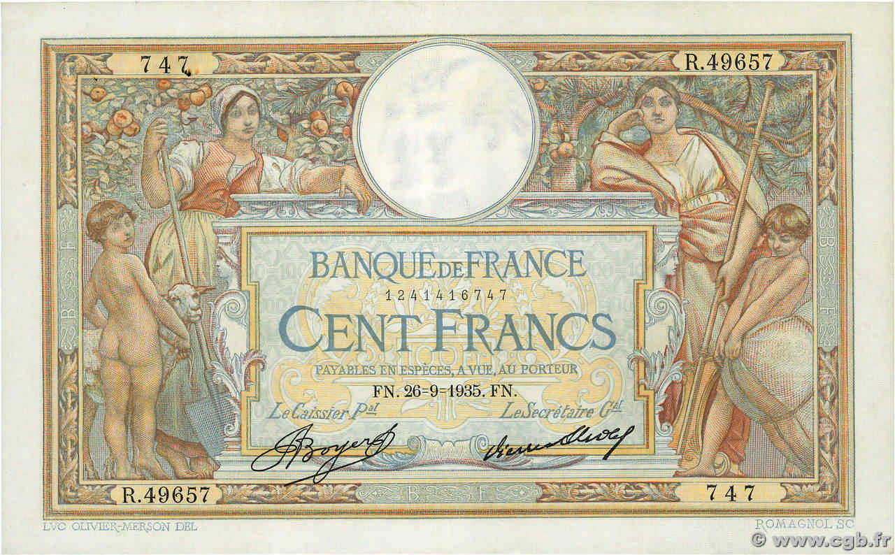 100 Francs LUC OLIVIER MERSON grands cartouches FRANCIA  1935 F.24.14 q.SPL