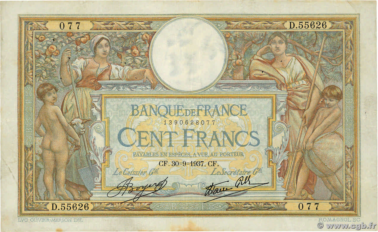 100 Francs LUC OLIVIER MERSON type modifié FRANCE  1937 F.25.02 TB