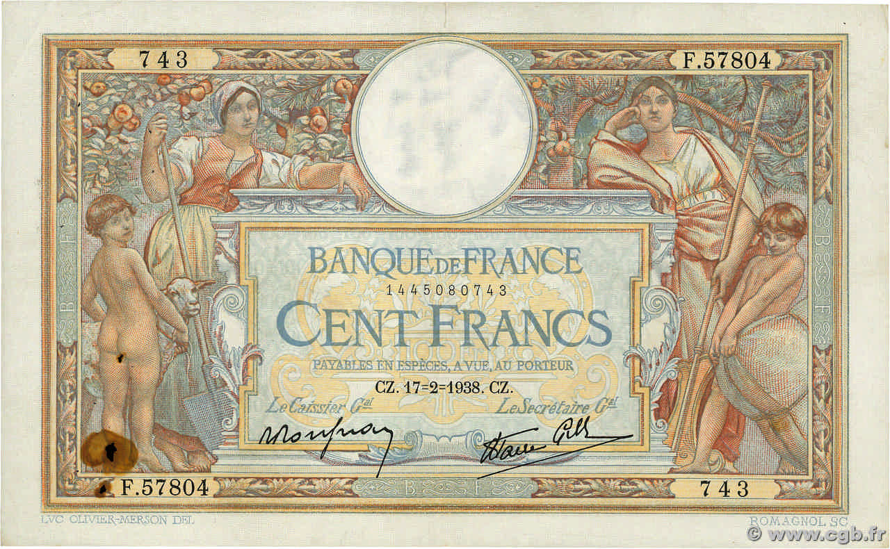 100 Francs LUC OLIVIER MERSON type modifié FRANCIA  1938 F.25.11 MB