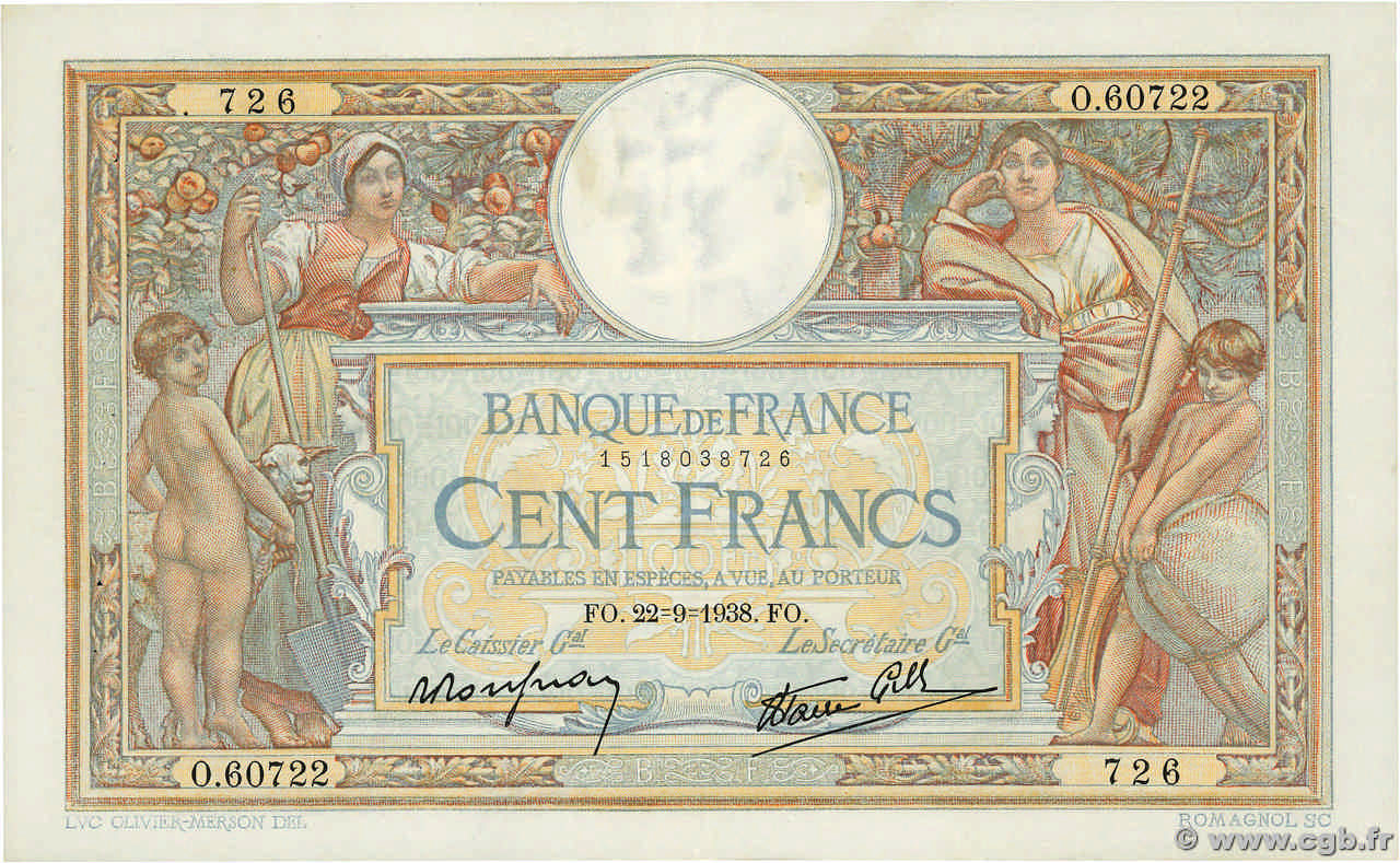 100 Francs LUC OLIVIER MERSON type modifié FRANKREICH  1938 F.25.29 fVZ