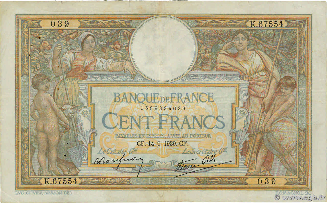 100 Francs LUC OLIVIER MERSON type modifié FRANCIA  1939 F.25.49 MB