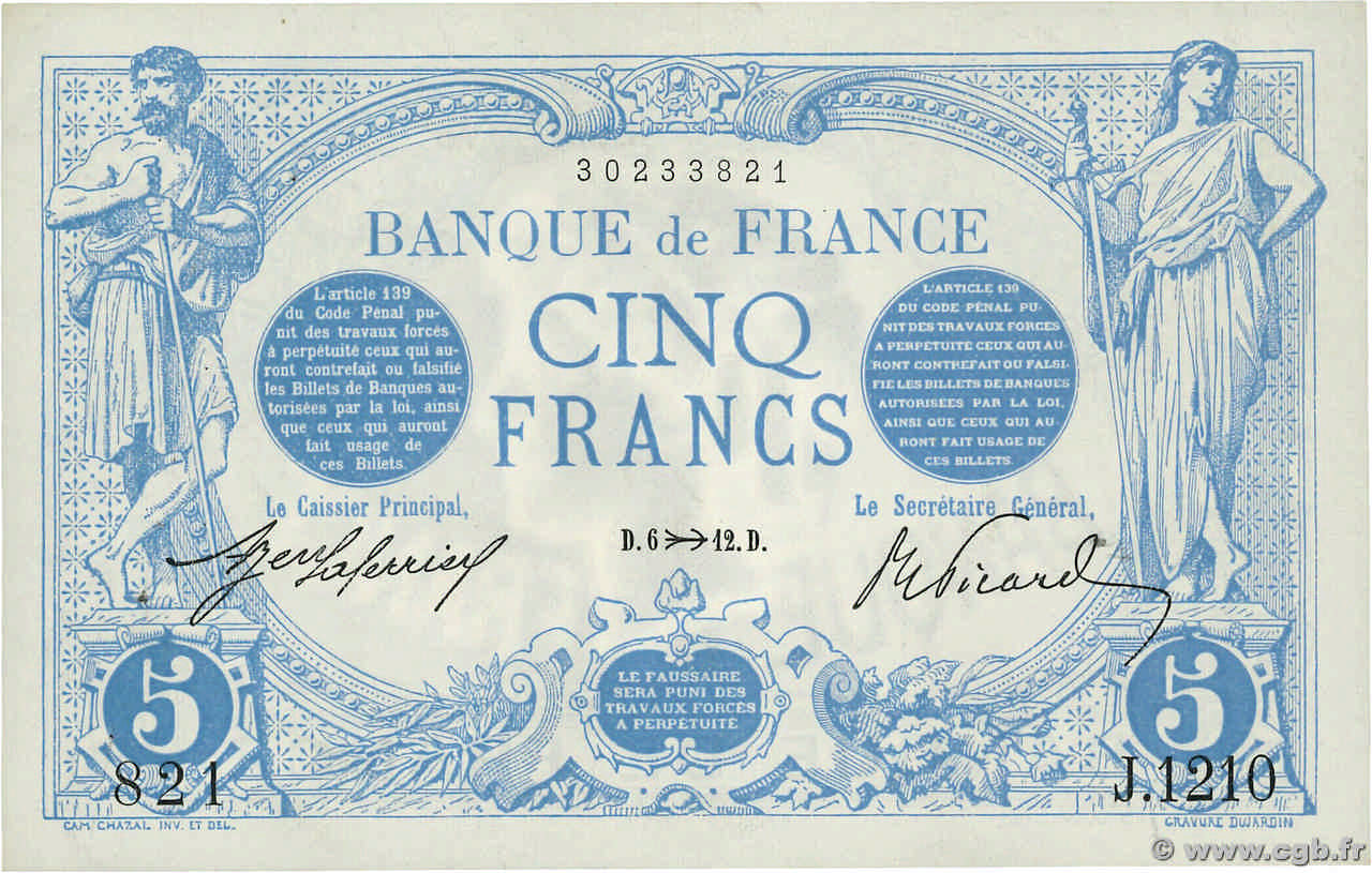 5 Francs BLEU FRANKREICH  1912 F.02.11 VZ