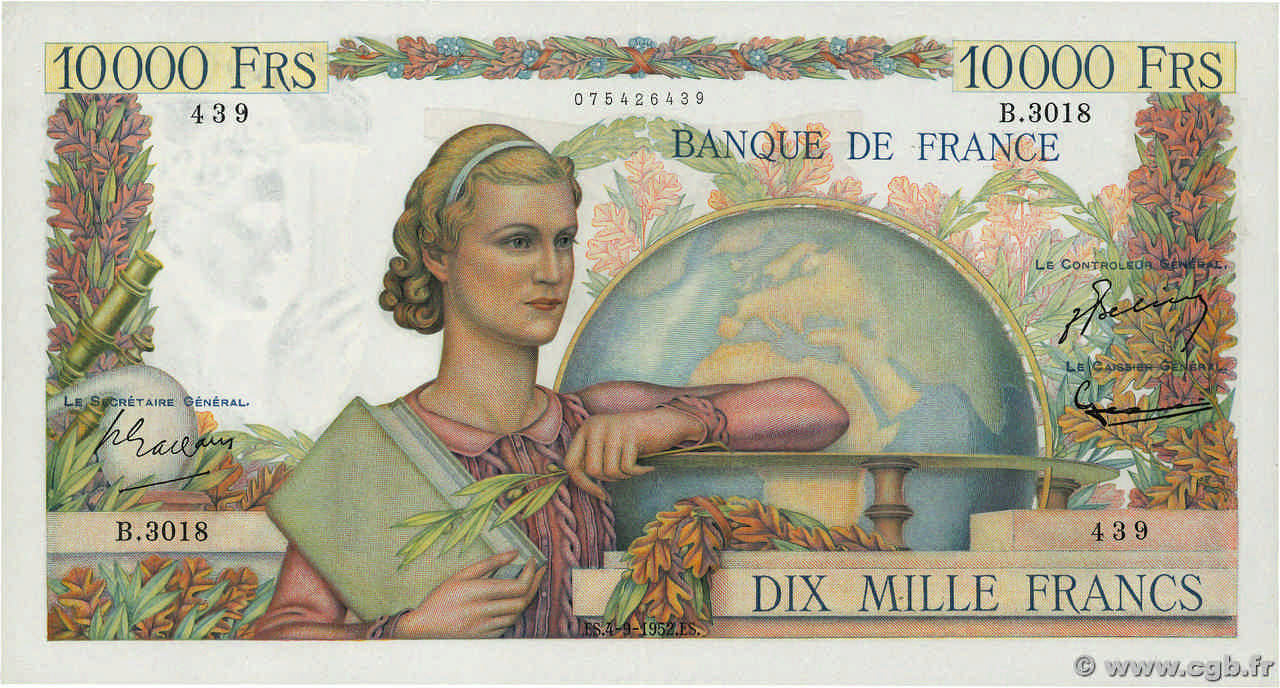10000 Francs GÉNIE FRANÇAIS FRANKREICH  1952 F.50.60 VZ+