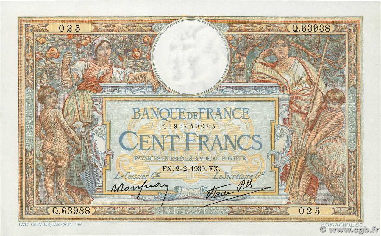 100 Francs LUC OLIVIER MERSON type modifié FRANCE  1939 F.25.41 SPL