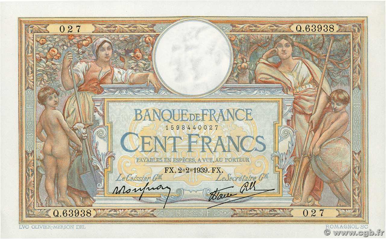 100 Francs LUC OLIVIER MERSON type modifié FRANKREICH  1939 F.25.41 fST