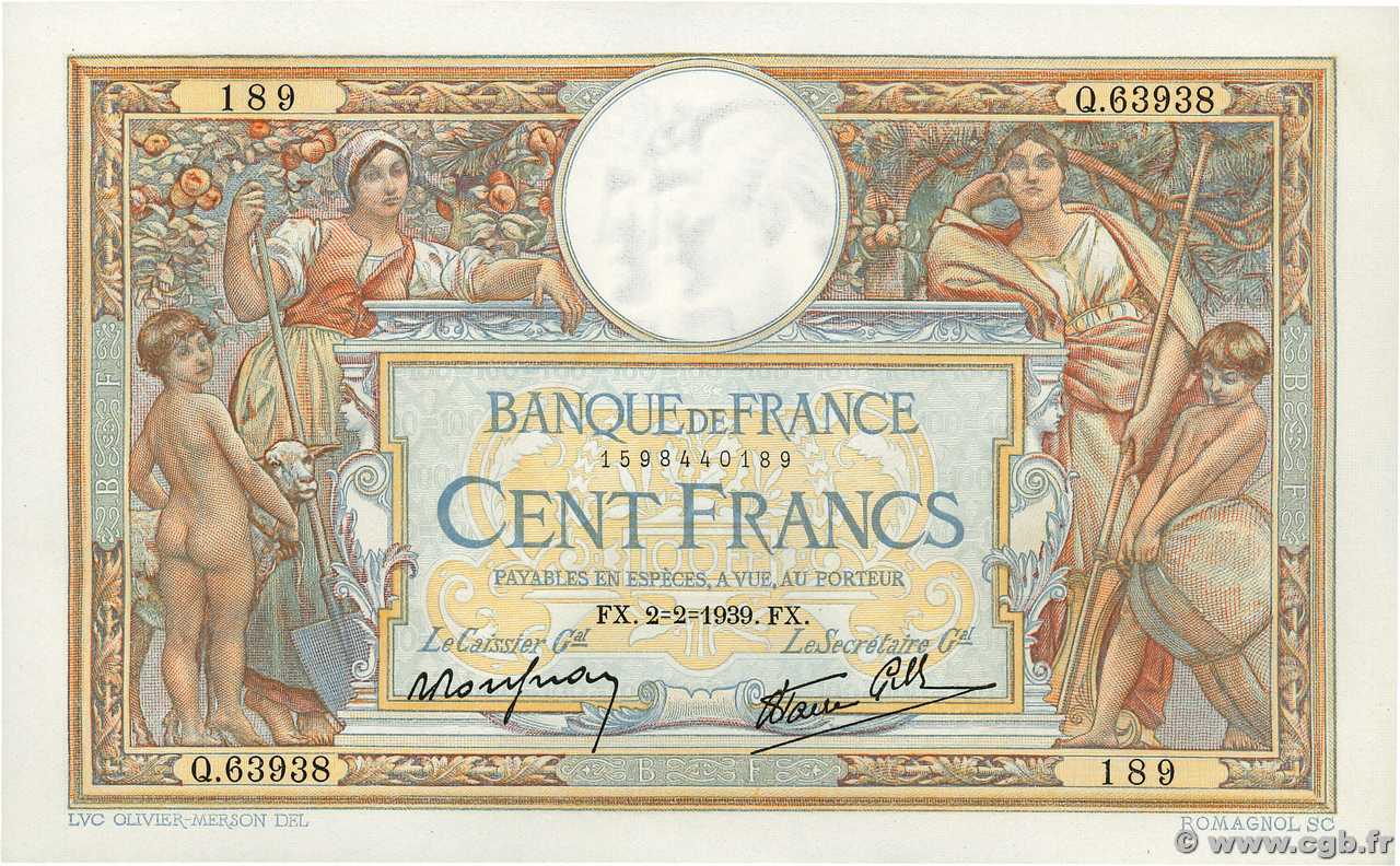 100 Francs LUC OLIVIER MERSON type modifié FRANCE  1939 F.25.41 SUP+