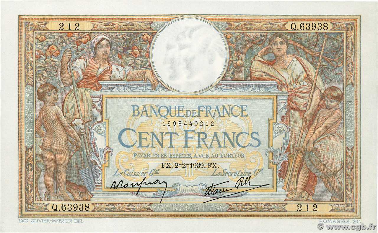 100 Francs LUC OLIVIER MERSON type modifié FRANCIA  1939 F.25.41 AU+