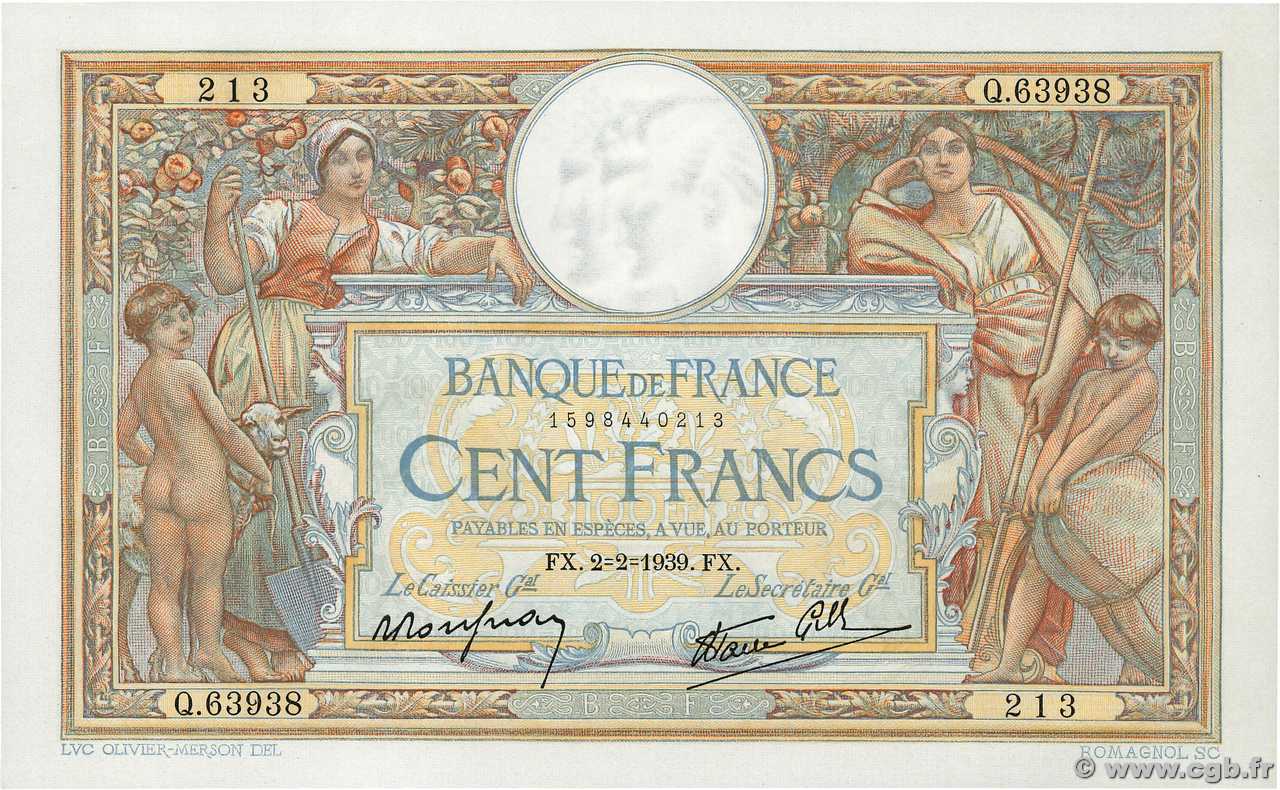 100 Francs LUC OLIVIER MERSON type modifié FRANCIA  1939 F.25.41 AU+