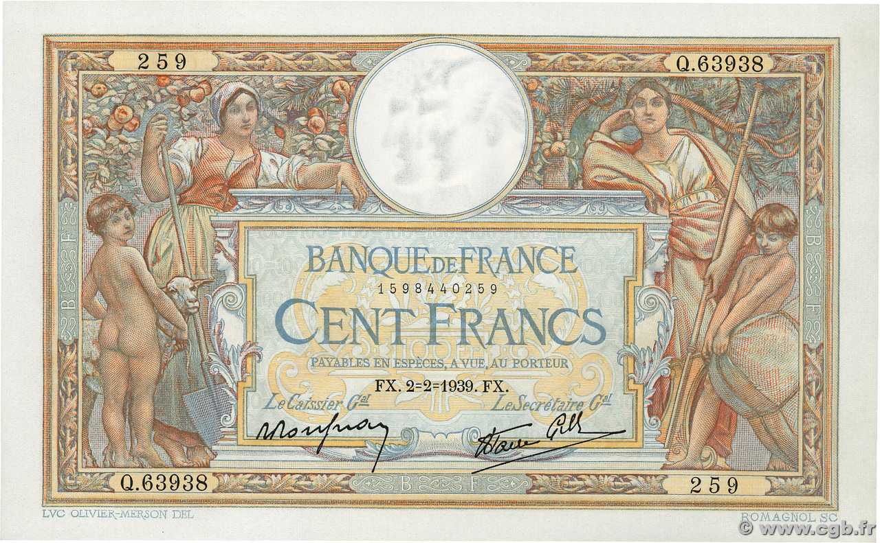 100 Francs LUC OLIVIER MERSON type modifié FRANCE  1939 F.25.41 pr.NEUF