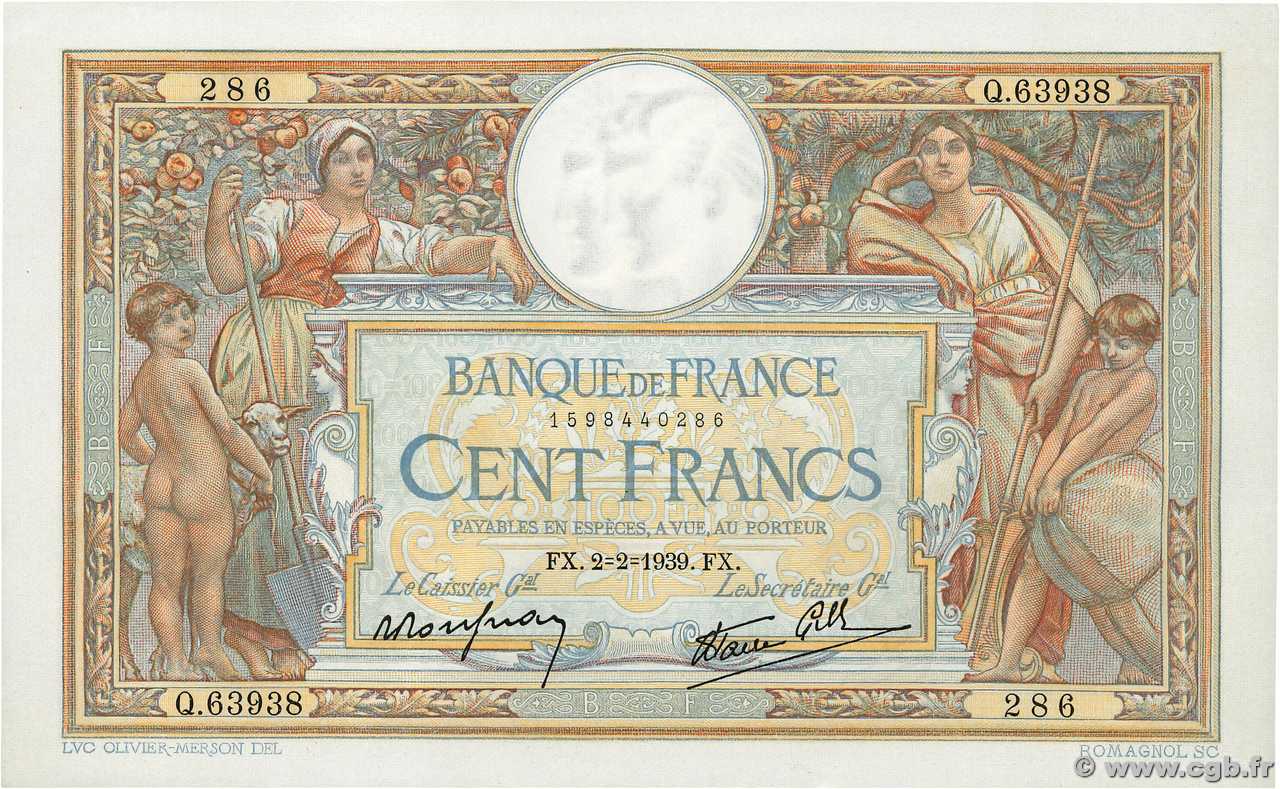 100 Francs LUC OLIVIER MERSON type modifié FRANCE  1939 F.25.41 SPL