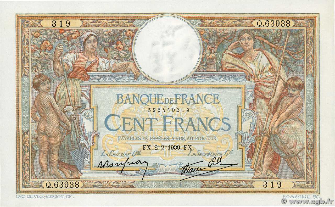 100 Francs LUC OLIVIER MERSON type modifié FRANCE  1939 F.25.41 pr.NEUF