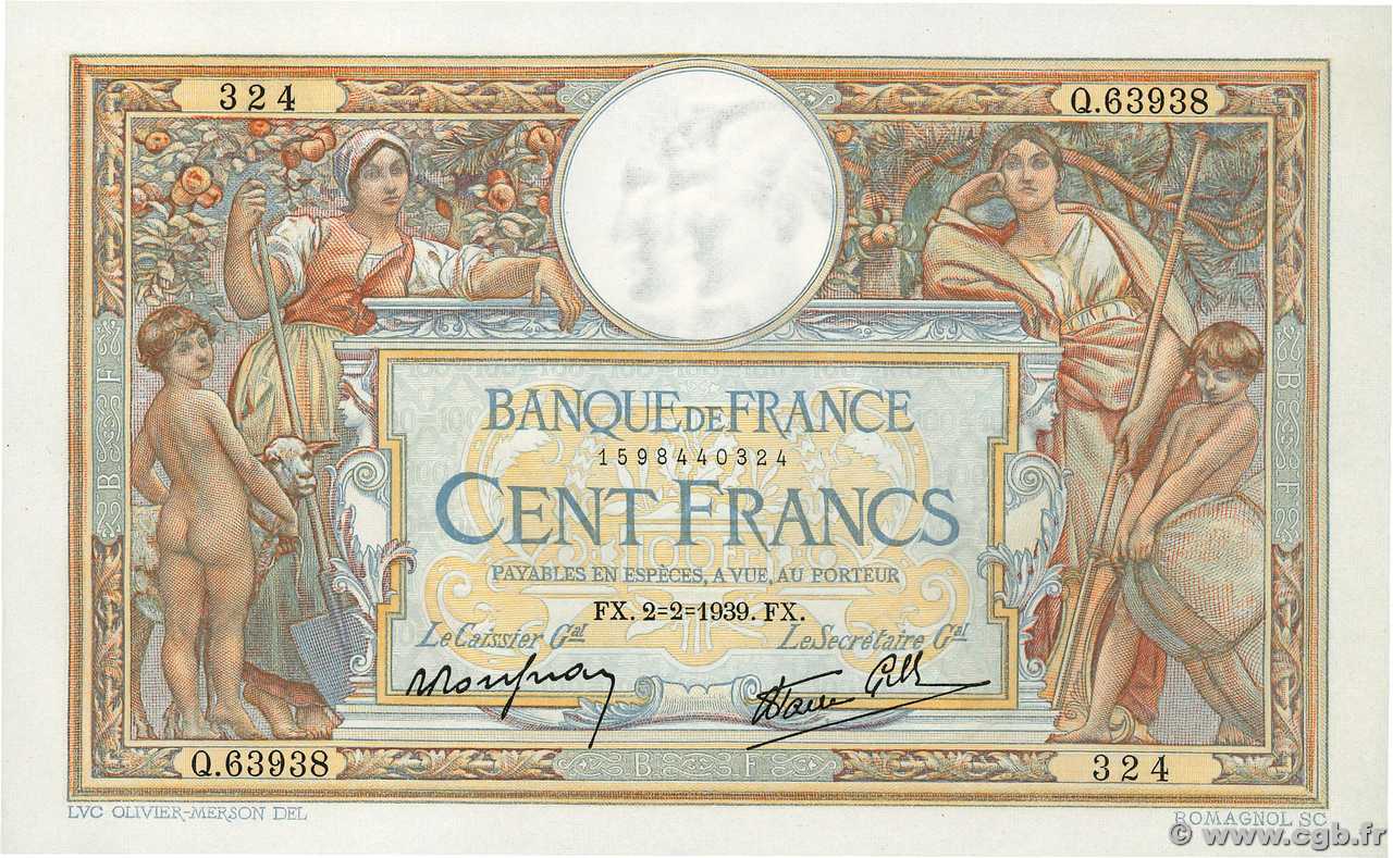 100 Francs LUC OLIVIER MERSON type modifié FRANCE  1939 F.25.41 pr.NEUF