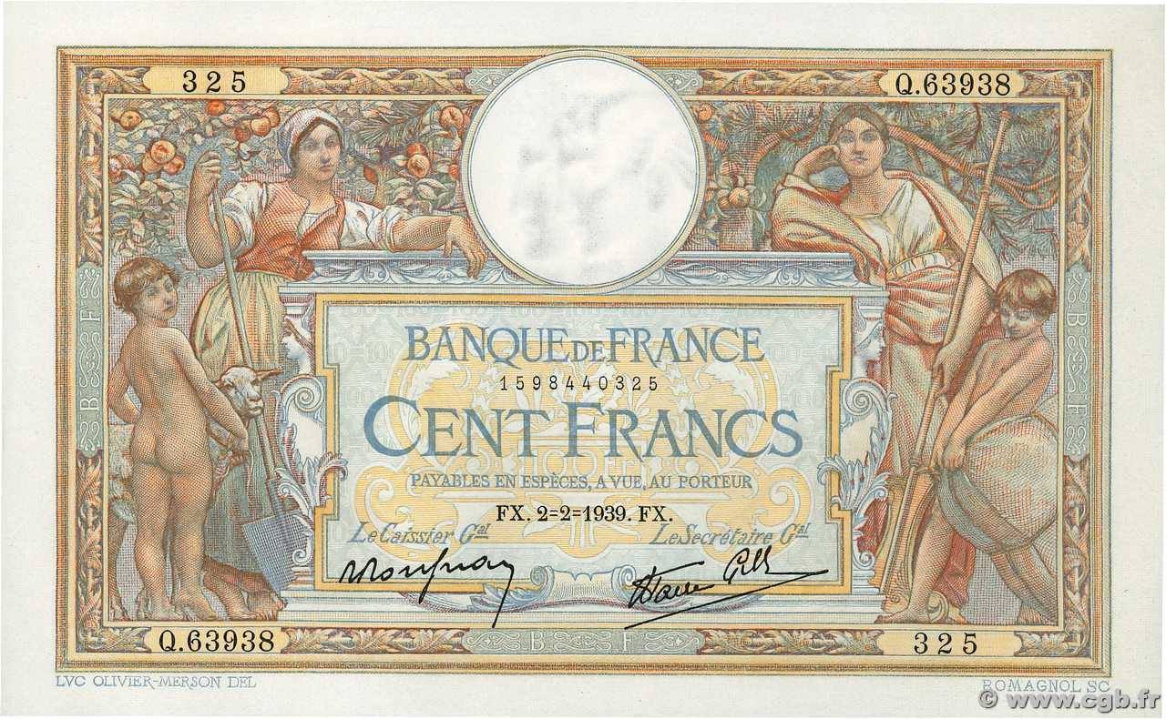 100 Francs LUC OLIVIER MERSON type modifié FRANCE  1939 F.25.41 UNC-