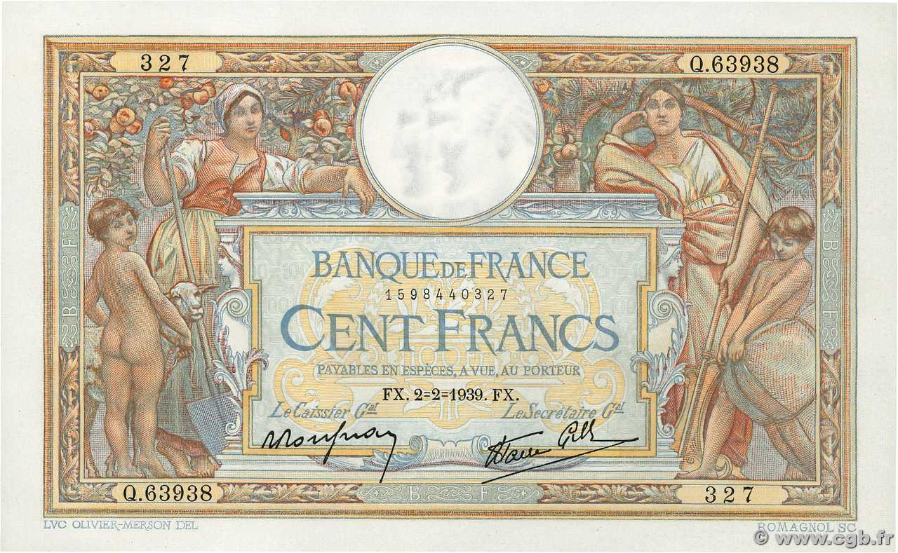 100 Francs LUC OLIVIER MERSON type modifié FRANCE  1939 F.25.41 pr.NEUF