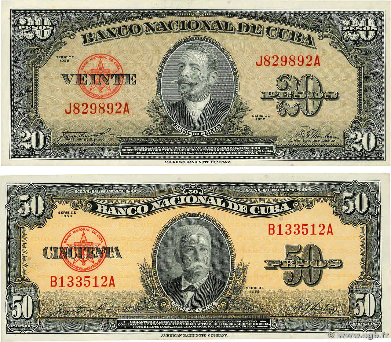 20 et 50 Pesos Lot CUBA  1958 P.080b et P.081b AU