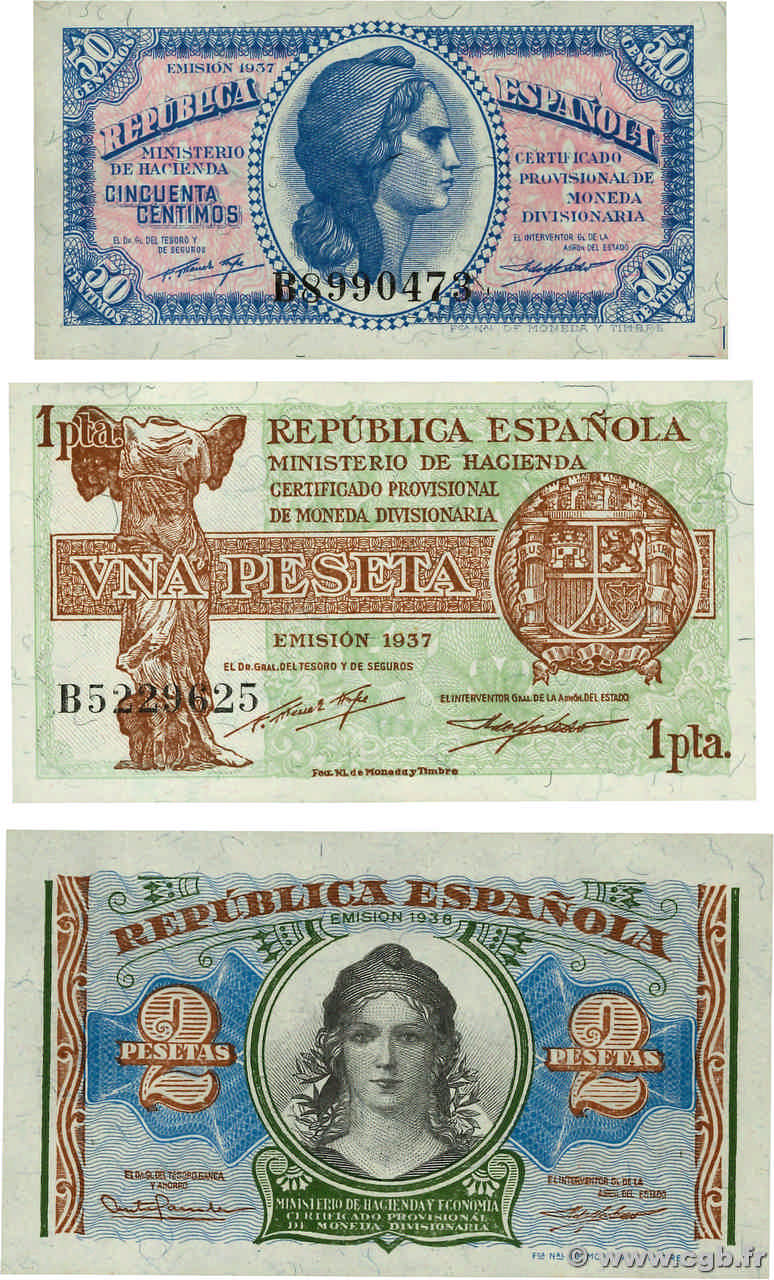 50 Centimos, 1 et 2 Pesetas Lot SPANIEN  1937 P.093 au P.095 fST+