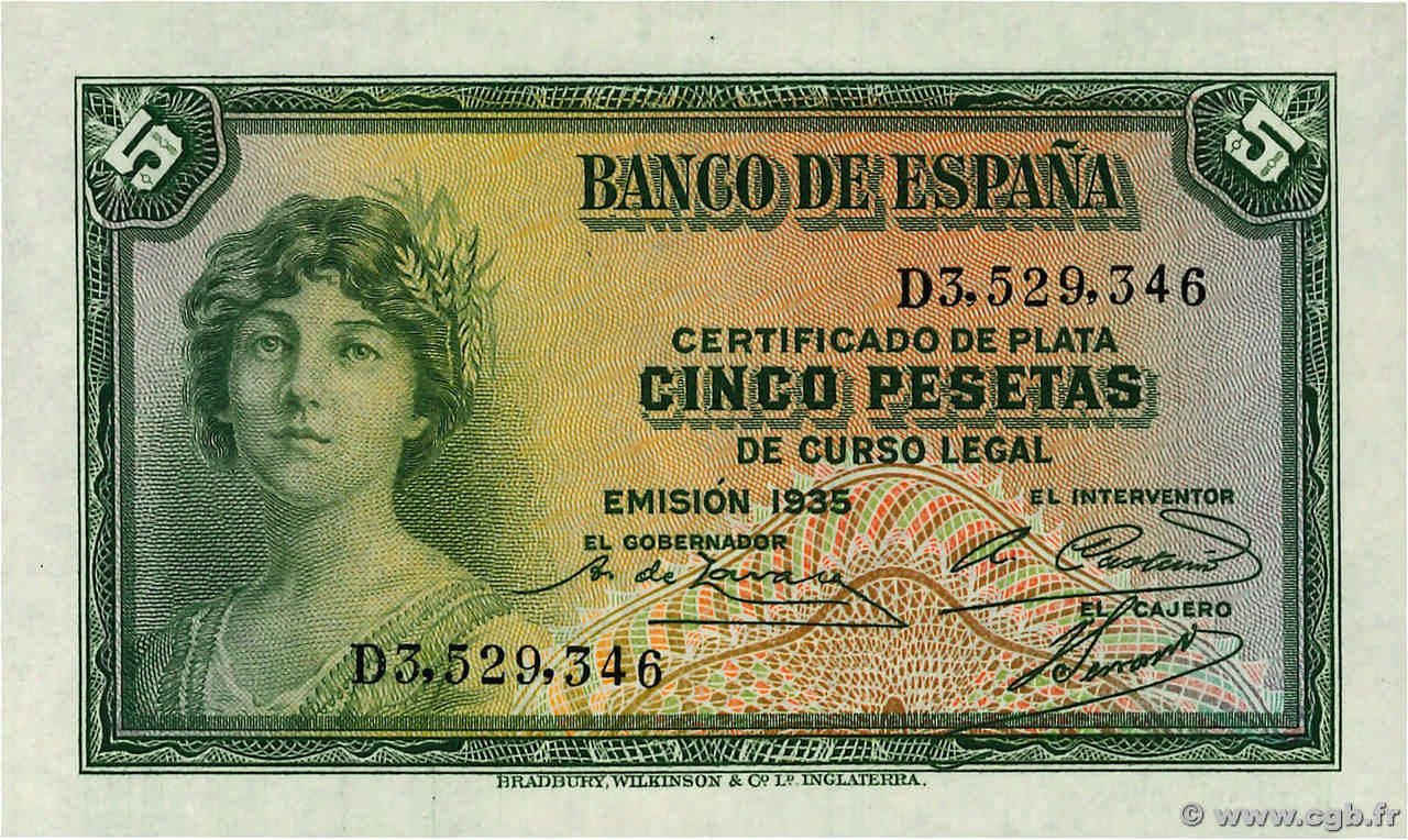 5 Pesetas SPANIEN  1935 P.085a ST