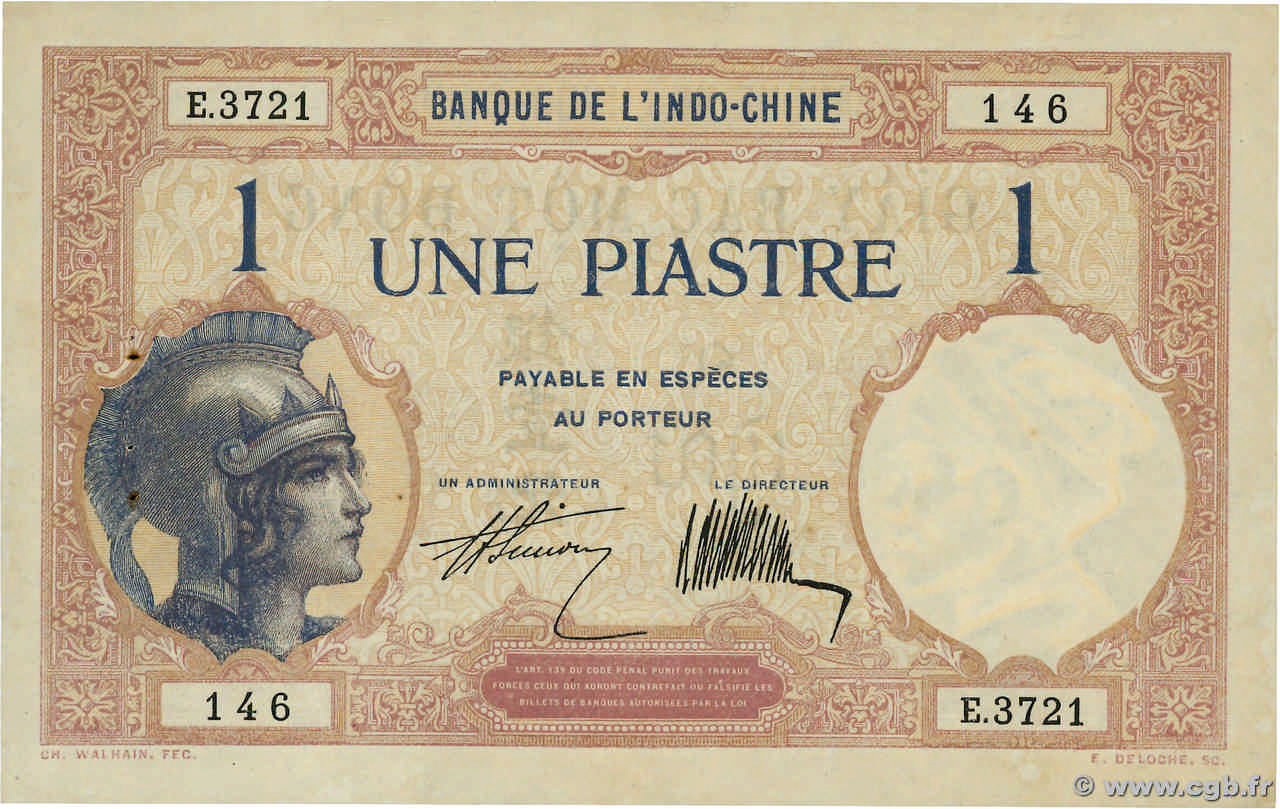1 Piastre FRENCH INDOCHINA  1921 P.048b XF-