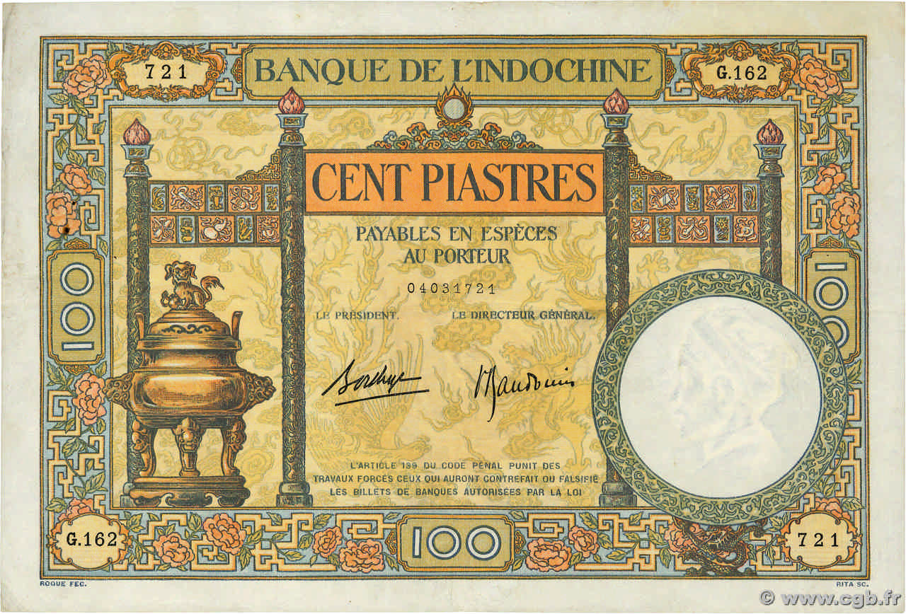 100 Piastres INDOCINA FRANCESE  1936 P.051d q.BB