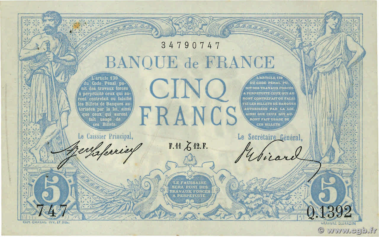 5 Francs BLEU FRANKREICH  1912 F.02.12 fVZ