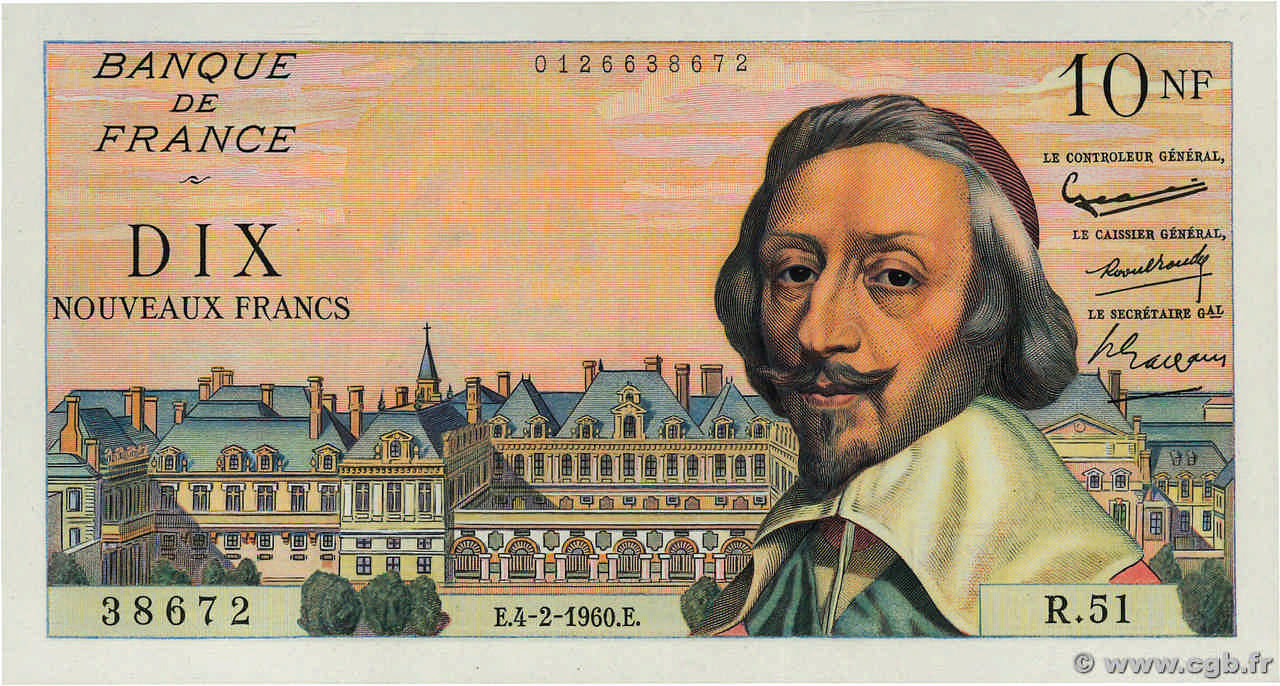 10 Nouveaux Francs RICHELIEU FRANKREICH  1960 F.57.05 fVZ