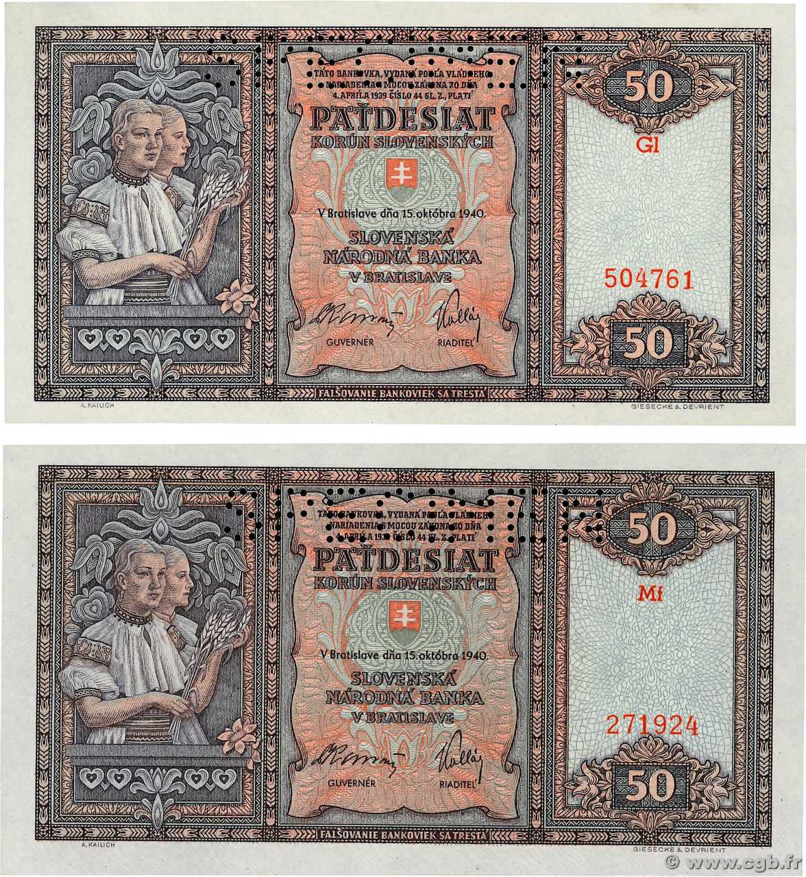 50 Korun Spécimen SLOVAQUIE  1940 P.09s pr.NEUF
