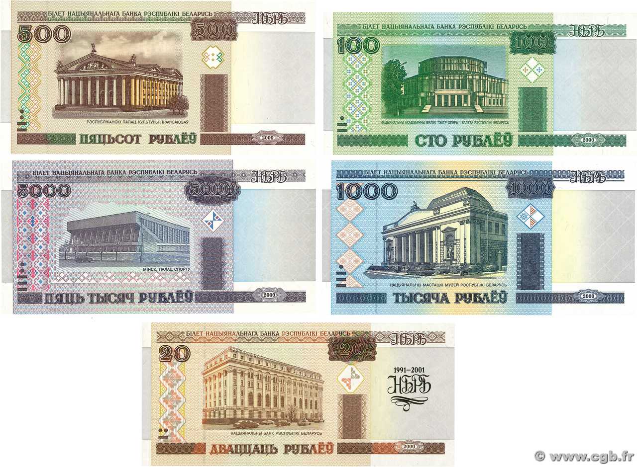 20, 100, 500, 1000 et 5000 Rublei Lot BELARUS  2000 P.26a au P.29a et P.33a UNC