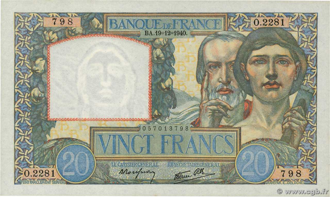 20 Francs TRAVAIL ET SCIENCE FRANCE  1940 F.12.11 pr.NEUF