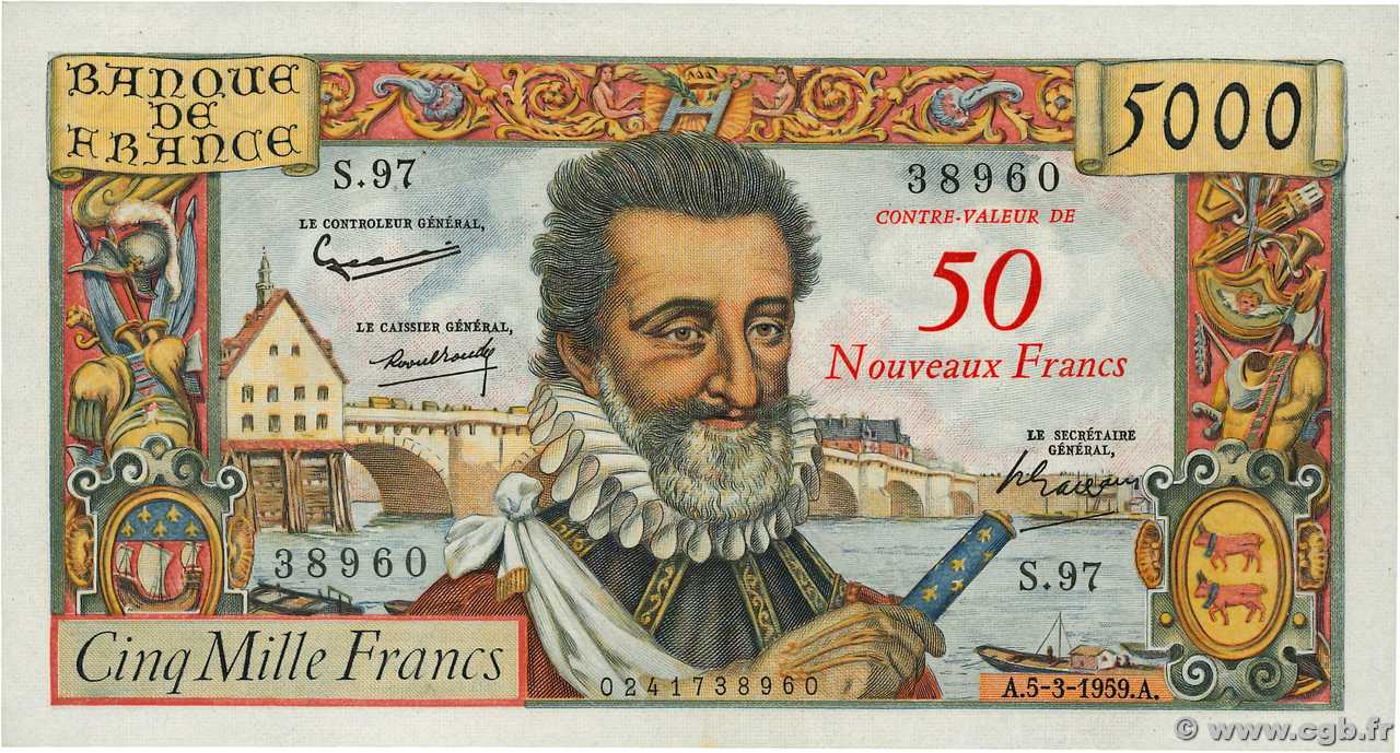 50 NF sur 5000 Francs HENRI IV FRANCIA  1959 F.54.02 q.AU