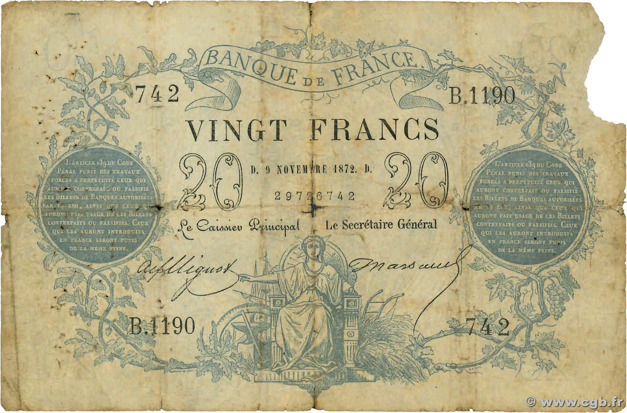 20 Francs type 1871 - Bleu FRANCE  1872 F.A46.03 G