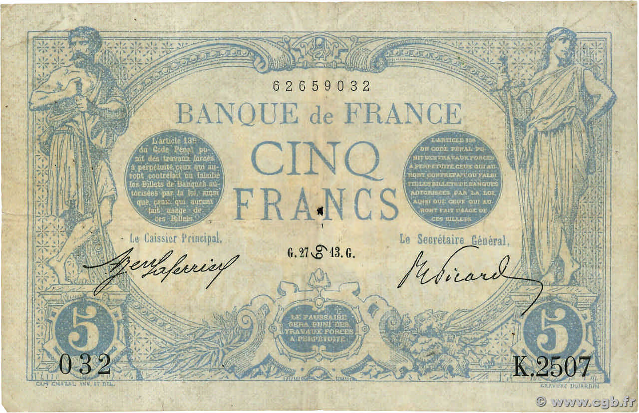 5 Francs BLEU FRANCE  1913 F.02.18 TB