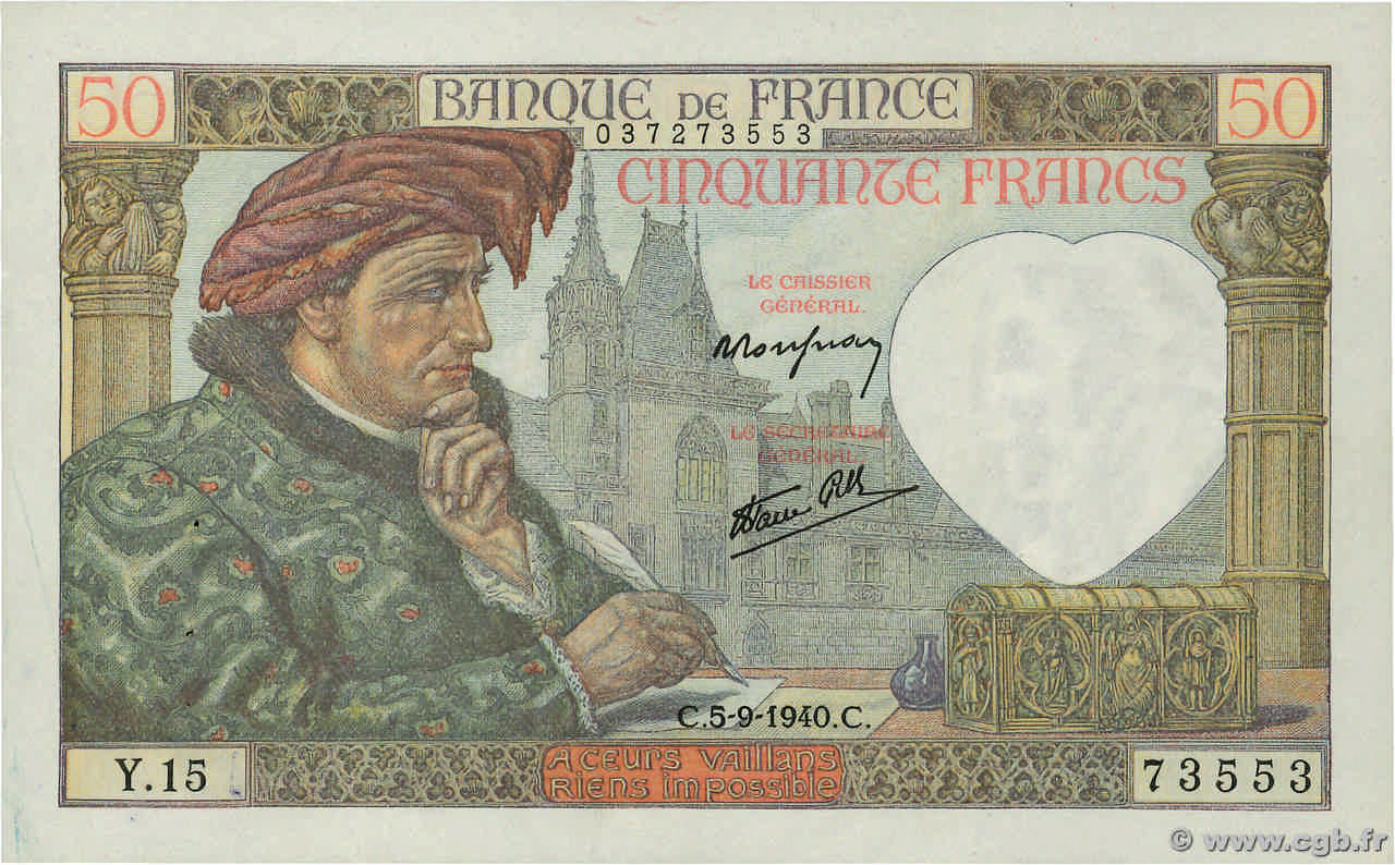 50 Francs JACQUES CŒUR FRANCE  1940 F.19.02 SUP