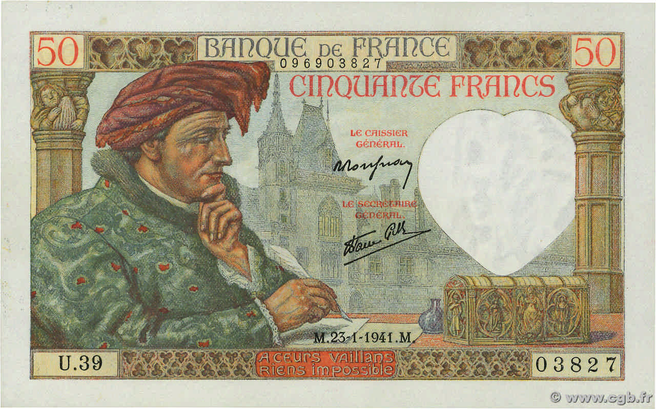 50 Francs JACQUES CŒUR FRANCIA  1941 F.19.05 FDC