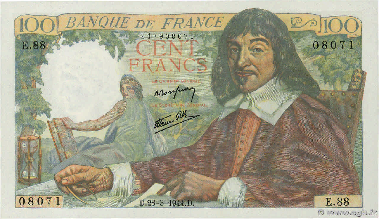 100 Francs DESCARTES FRANCE  1944 F.27.05 UNC