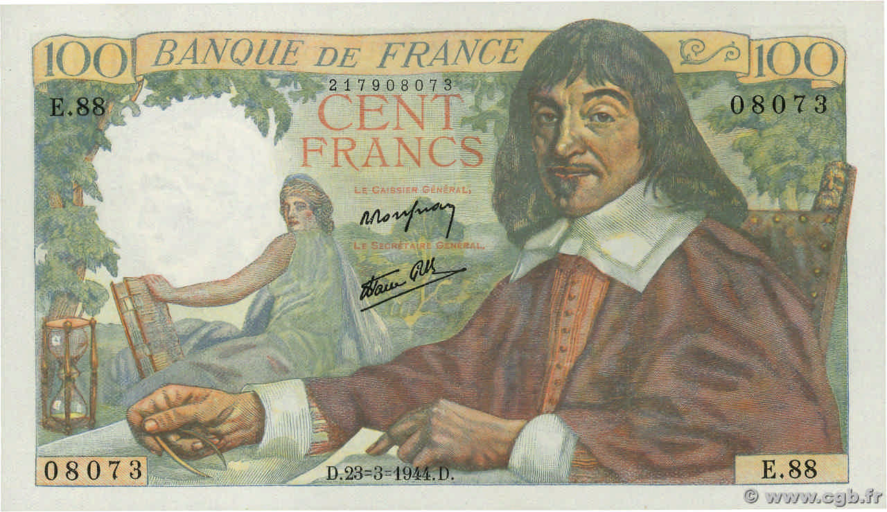 100 Francs DESCARTES FRANCE  1944 F.27.05 UNC