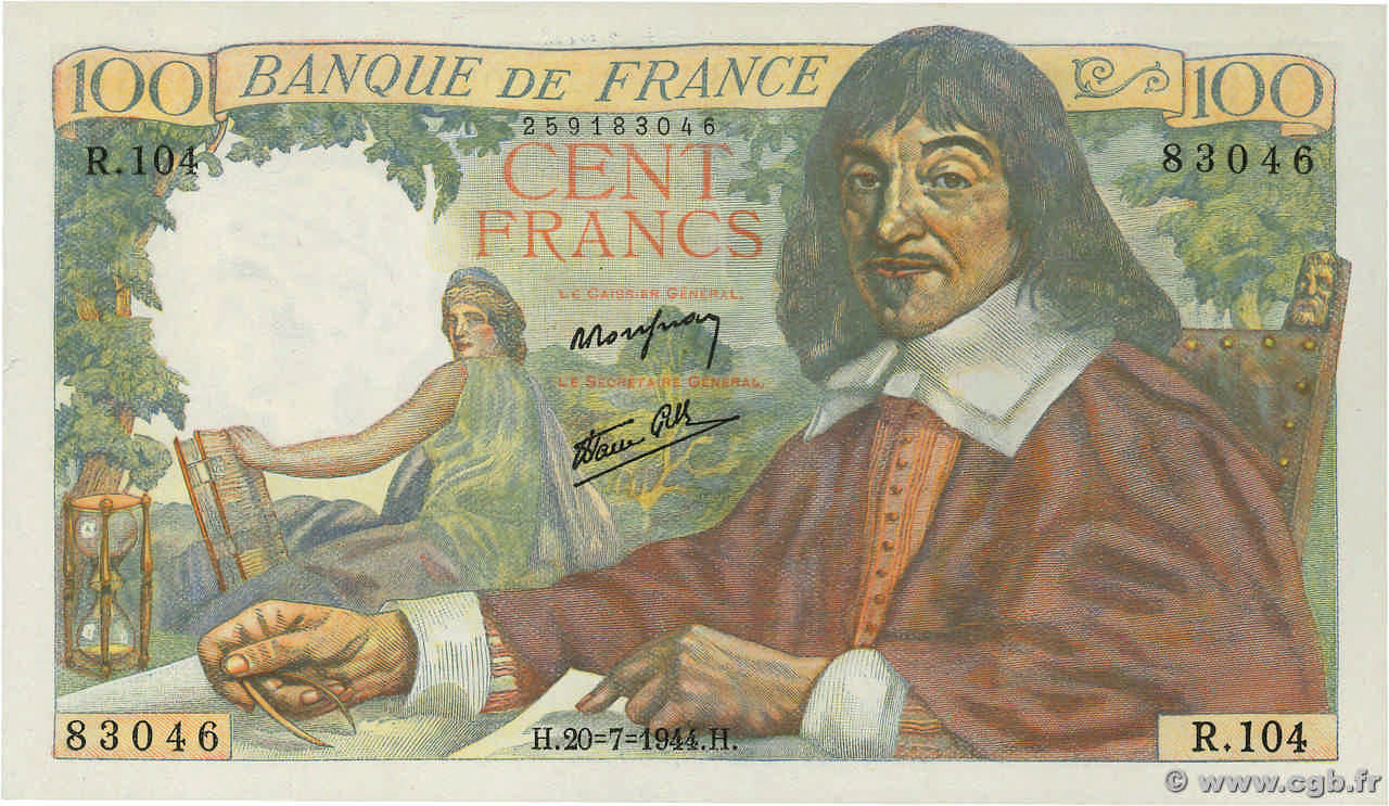 100 Francs DESCARTES FRANCE  1944 F.27.06 UNC