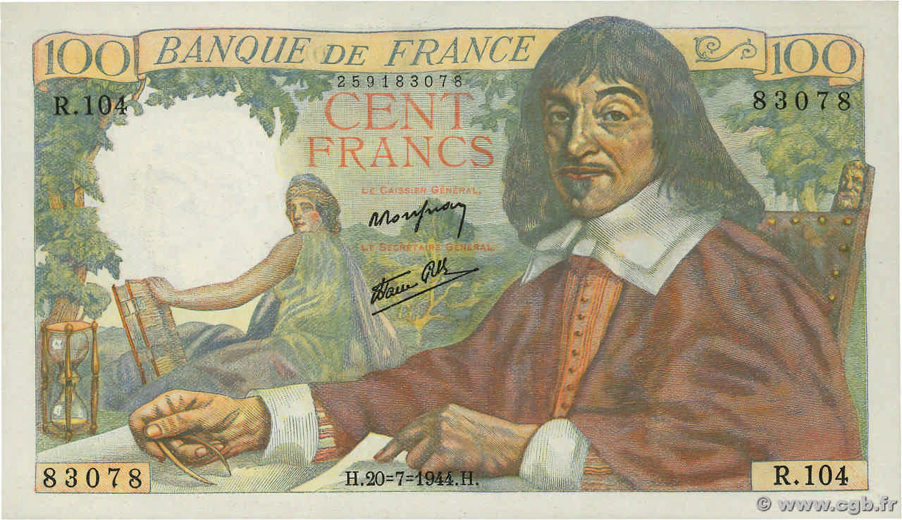100 Francs DESCARTES FRANCE  1944 F.27.06 UNC