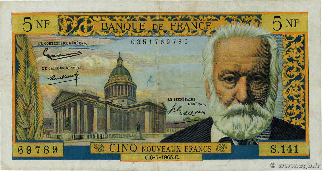 5 Nouveaux Francs VICTOR HUGO FRANCE  1965 F.56.18 VF-