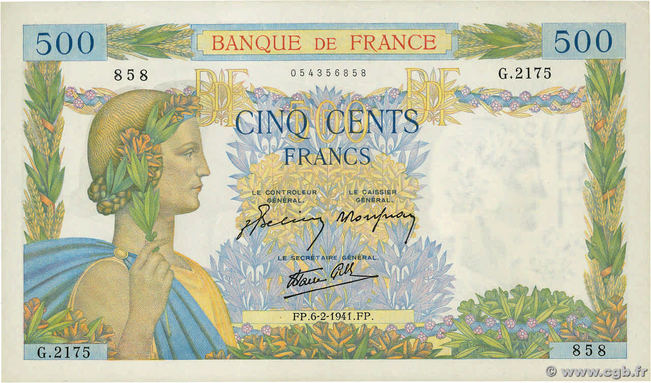 500 Francs LA PAIX FRANCE  1941 F.32.14 UNC-