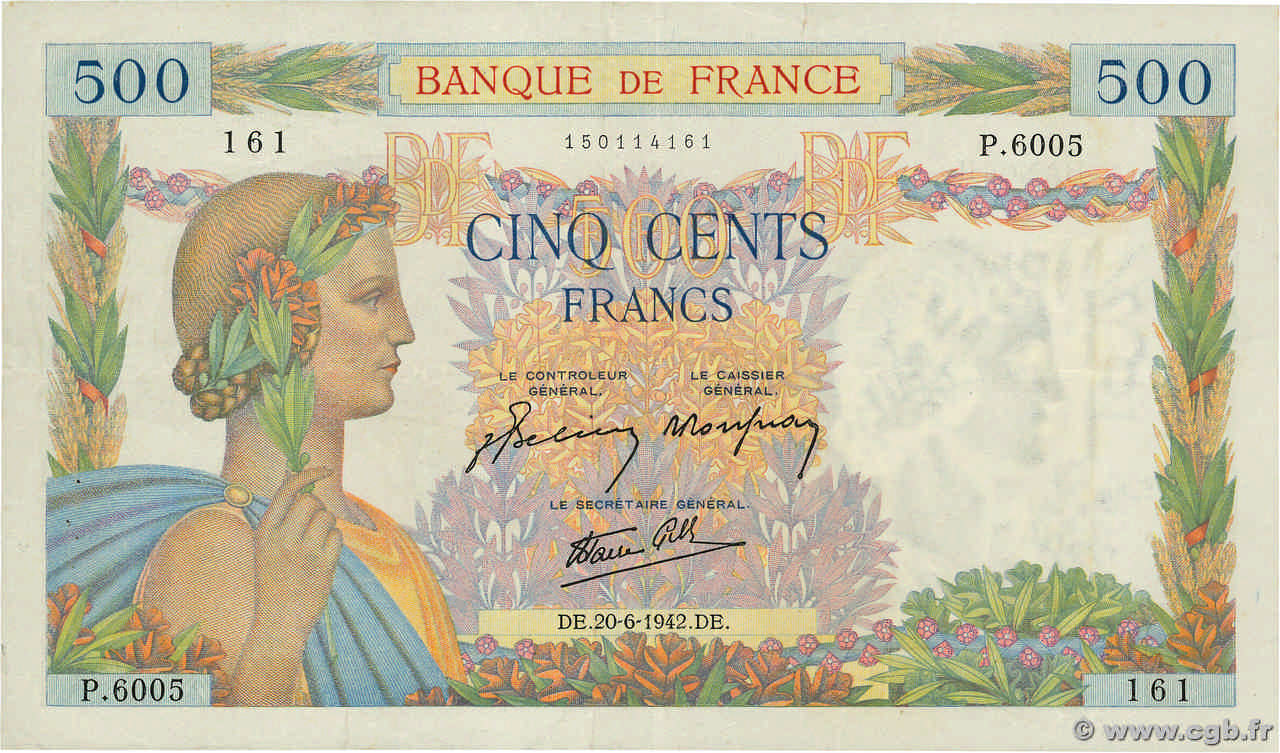 500 Francs LA PAIX FRANCE  1942 F.32.35 TTB