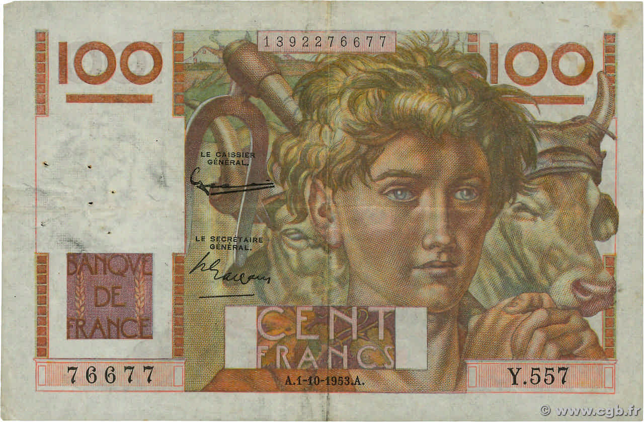 100 Francs JEUNE PAYSAN filigrane inversé FRANCE  1953 F.28bis.03 F+