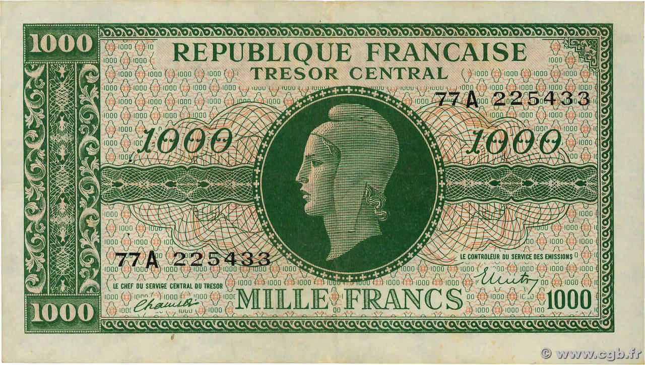 1000 Francs MARIANNE BANQUE D ANGLETERRE FRANCE  1945 VF.12.01 VF