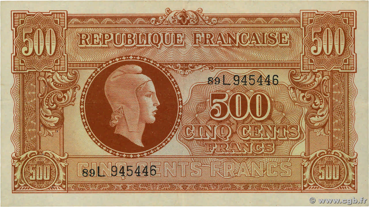 500 Francs MARIANNE fabrication anglaise FRANCE  1945 VF.11.01 XF-