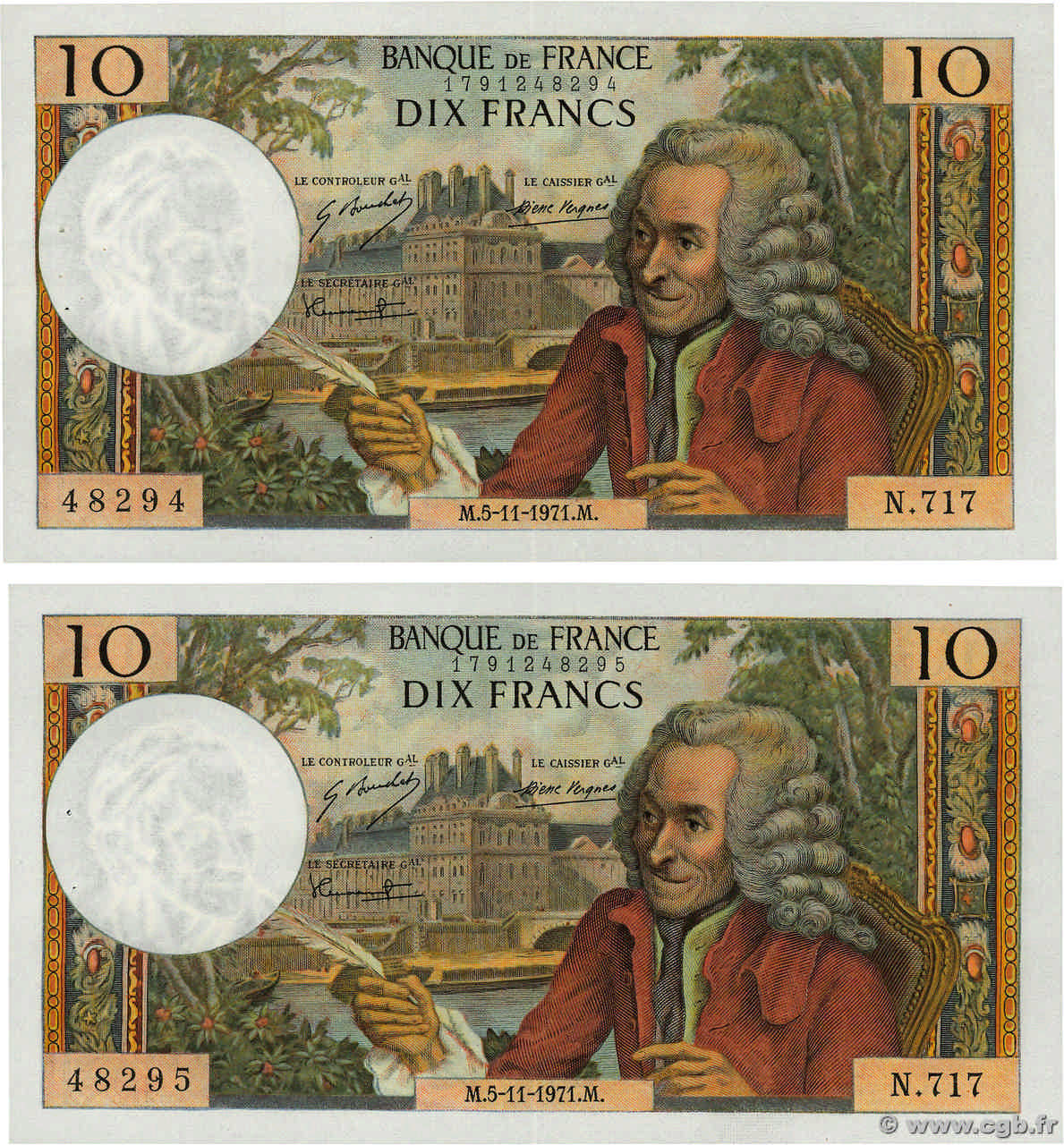 10 Francs VOLTAIRE Consécutifs FRANCIA  1971 F.62.52 EBC